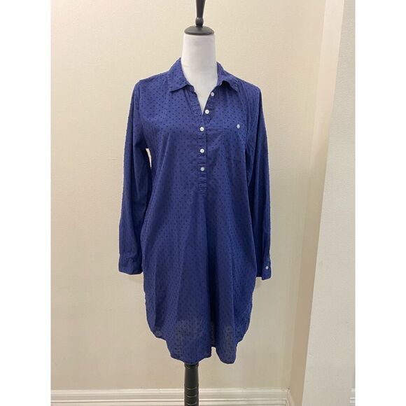 Gap Half Buttoned Shirt Dress Swiss Dots Navy Blue Long Sleeve Cotton Size M - Picture 1 of 7